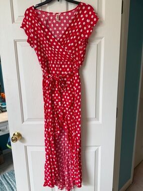 Red Polka Dot Wrap High Low Dress